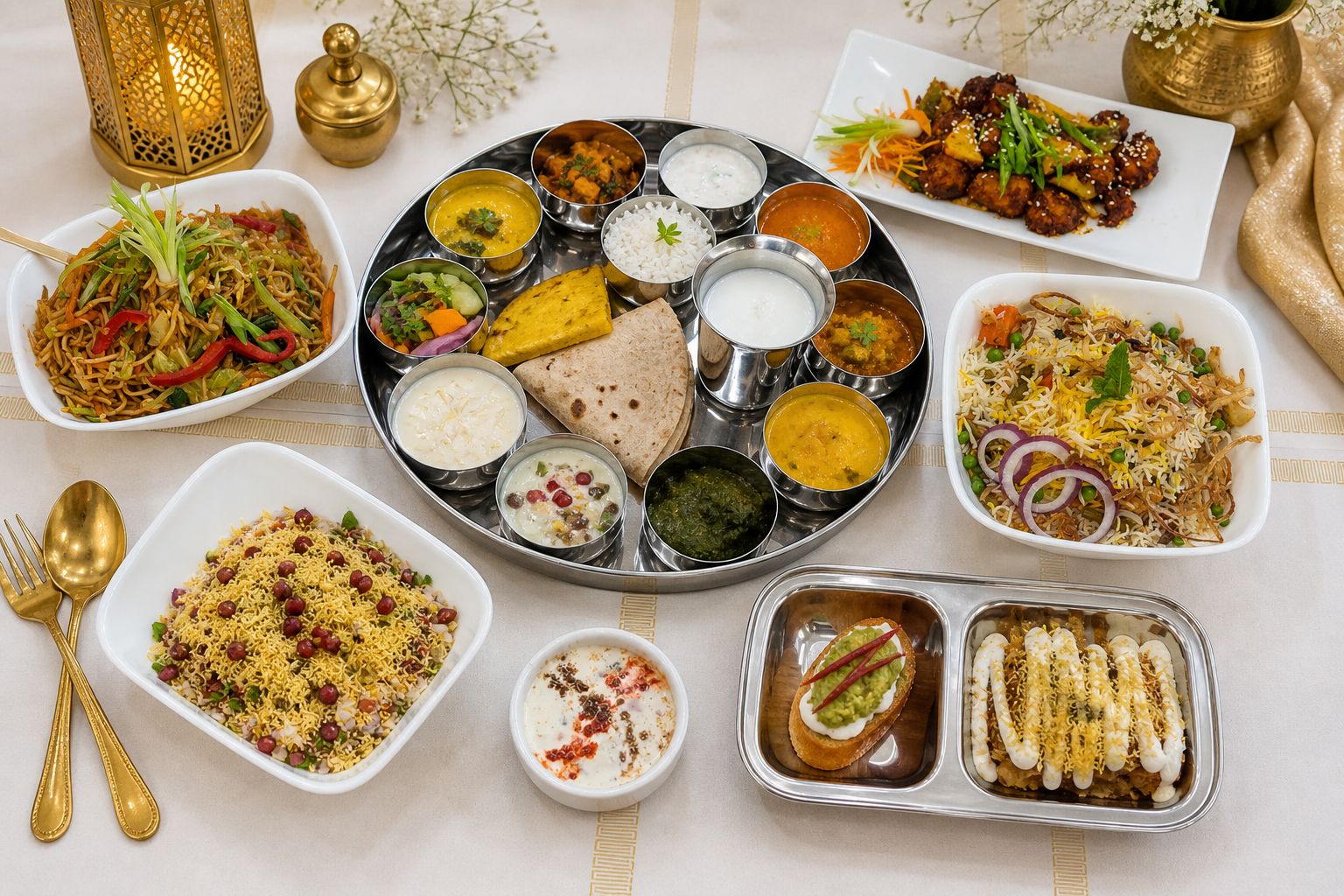 Royal Indian feast spread with thali and assorted dishes